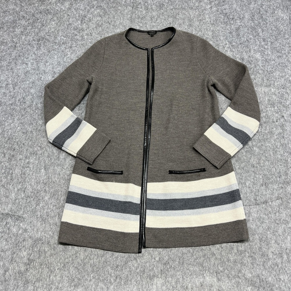 Talbots Sweater Womens M Gray Brown Striped Merino Wool Open Front Faux Leather‎